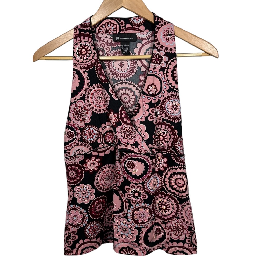 Y2K‎ Babydoll Halter Tank Top Sz Large Pink Beaded Sequin Floral Going Out Party